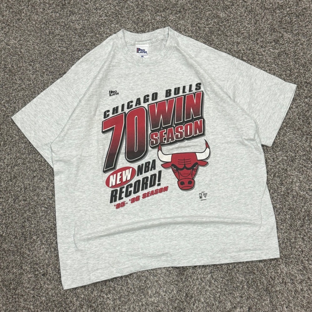 Vintage 90s Chicago Bulls Pro Player 70 Win Season 1996 NBA T-Shirt Mens XL Gray